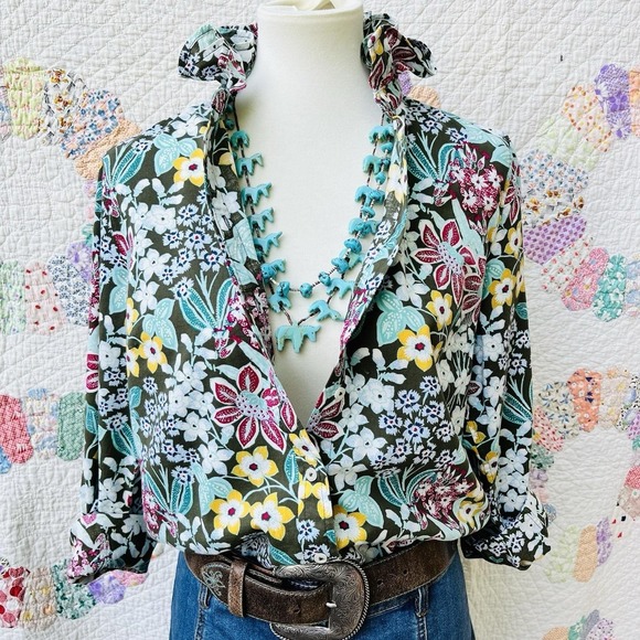 Talbots Tops - Upcycled Fairycore Talbots Loden Green Floral Long Sleeve Ruffle Collar Shirt M